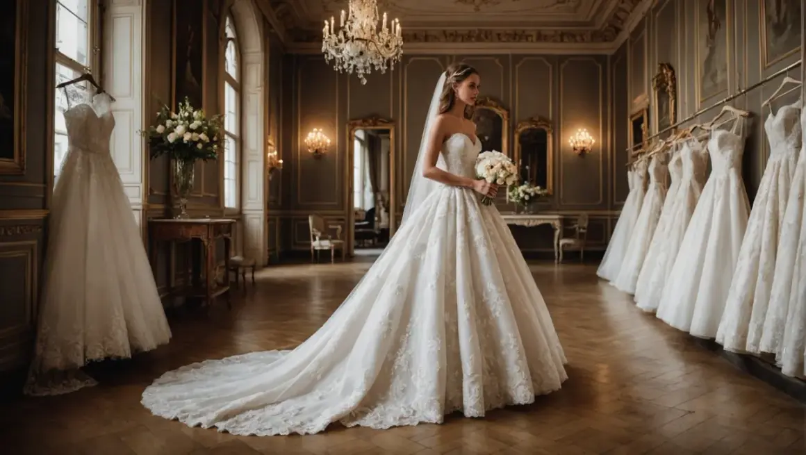 Une mariée rêveuse dans une somptueuse robe, entourée de magnifiques robes de mariée. Un aperçu pour vous aider à comment choisir sa robe de mariée.