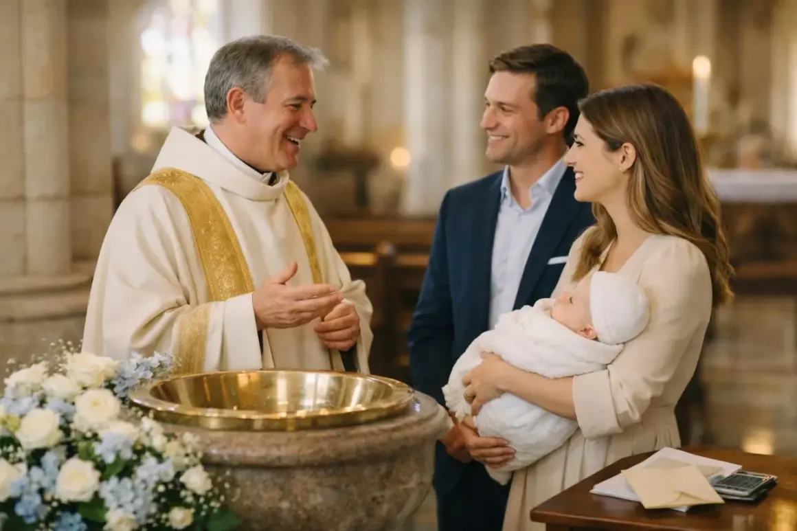 Un prêtre souriant discute avec les parents d'un bébé emmailloté, près d'une vasque baptismale. Une scène émouvante pour le prix bapteme eglise.