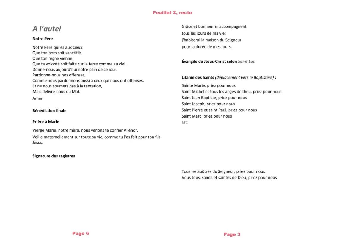 Extrait d'un livret de messe baptême : prières, litanies des saints et évangile.