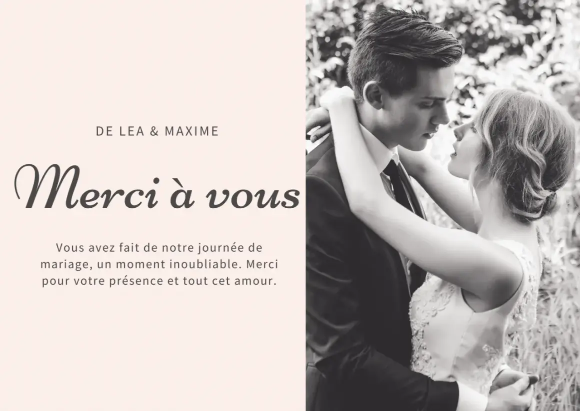 Carte de remerciements mariage de Léa & Maxime. Le couple s'embrasse tendrement.