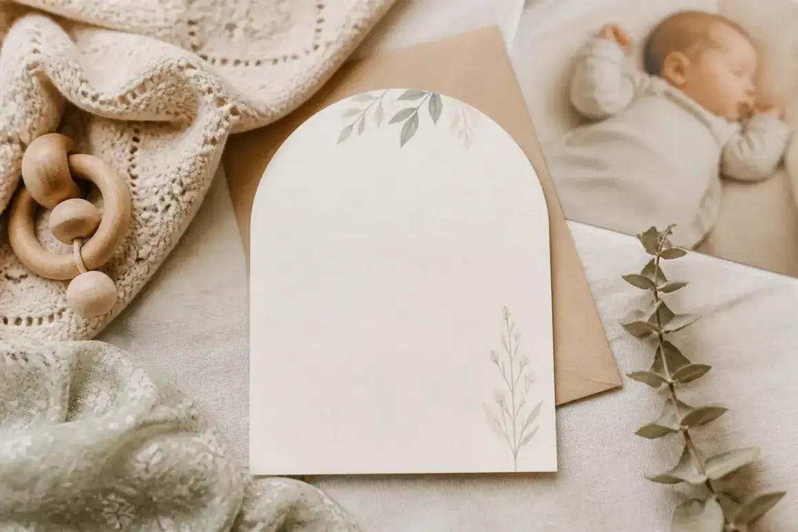 Une carte vierge avec des motifs floraux, prête pour un faire part naissance. Un hochet en bois et une photo de bébé endormi complètent la scène.
