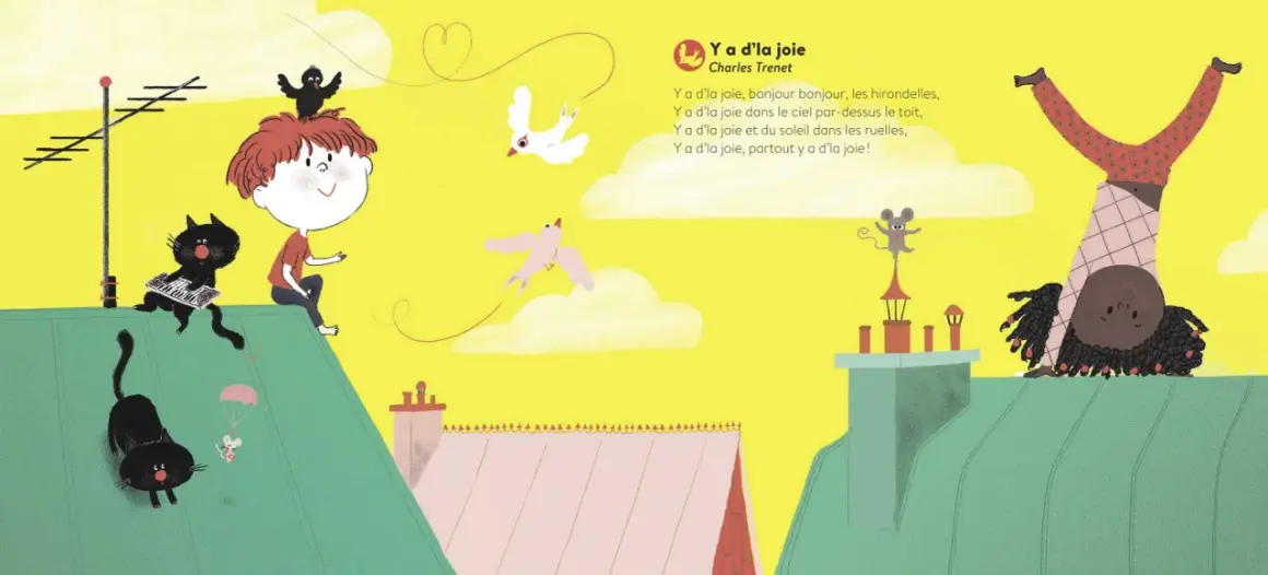 Sur les toits, un garçon, des chats musiciens et une acrobate célèbrent la joie. Une chanson marrante pour soirée !
