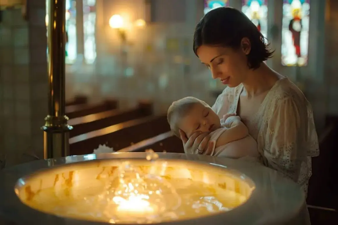 Une marraine tient un bébé endormi près des fonts baptismaux. Le moment est solennel, comme un discours marraine bapteme.