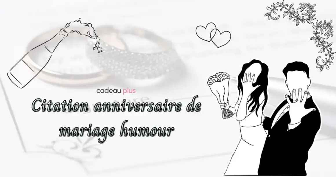 Bouteille de champagne pétillante, alliances scintillantes et couple stylisé. Idéal pour des citations mariage humour.