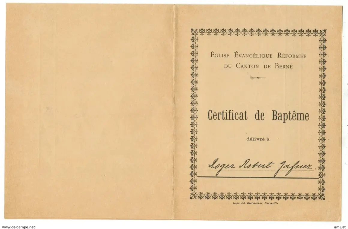 Certificat de baptême de l'Église Évangélique Réformée du Canton de Berne, délivré à Roger Robert Jafner.
