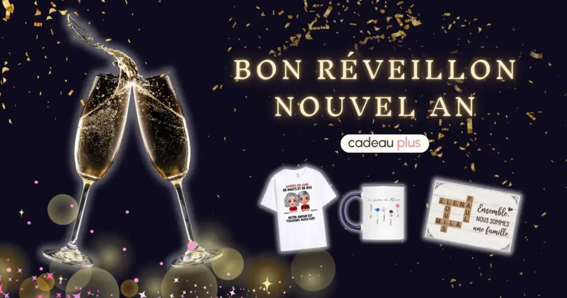 Verres de champagne pétillant pour le 31 décembre, avec des cadeaux personnalisés : t-shirt, mug et cadre photo familial.