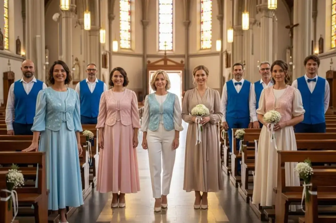 Des femmes en robes pastel et des hommes en gilets bleus dans une église. Idées pour comment s'habiller pour une communion.