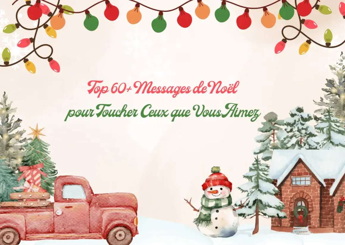 Joyeux Noël ! Trouvez le message parfait pour votre famille. Un camion rouge, un bonhomme de neige et des lumières festives.