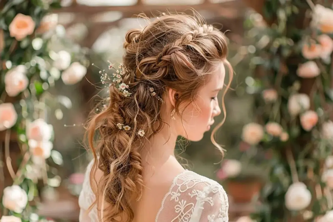 Une mariée avec une demi queue de mariage tressée, ornée de petites fleurs, et une robe en dentelle, dans un décor floral romantique.