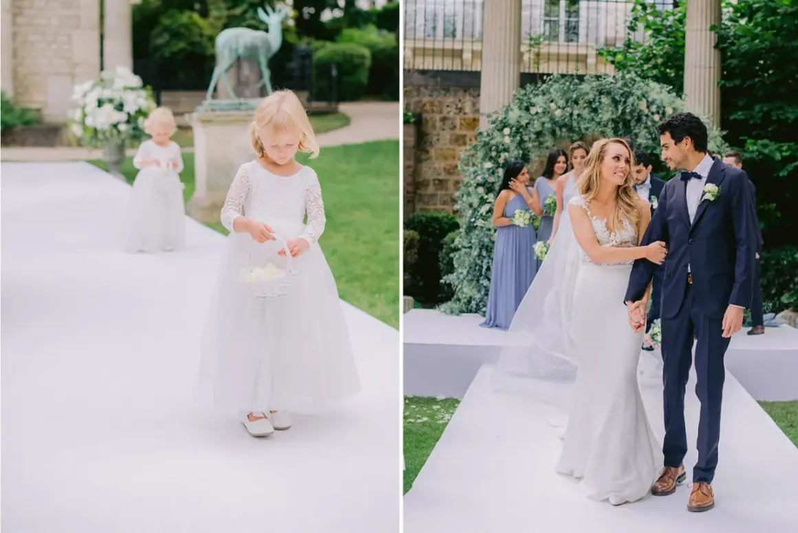 Petites filles en robe blanche ouvrent le cortege mariage, suivies par les mariés.