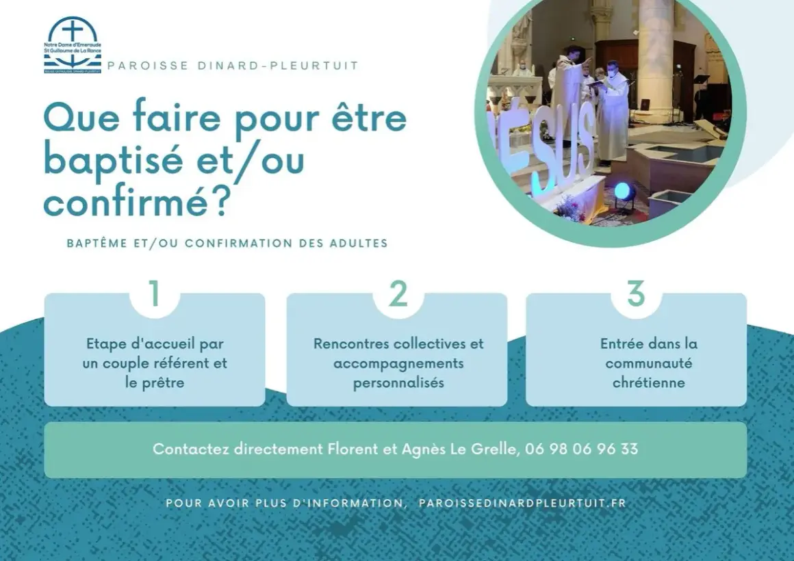 Guide pour le baptême et la confirmation des adultes : étapes, rencontres, et intégration. Que dire au prêtre pour un baptême ? Contactez Florent et Agnès.