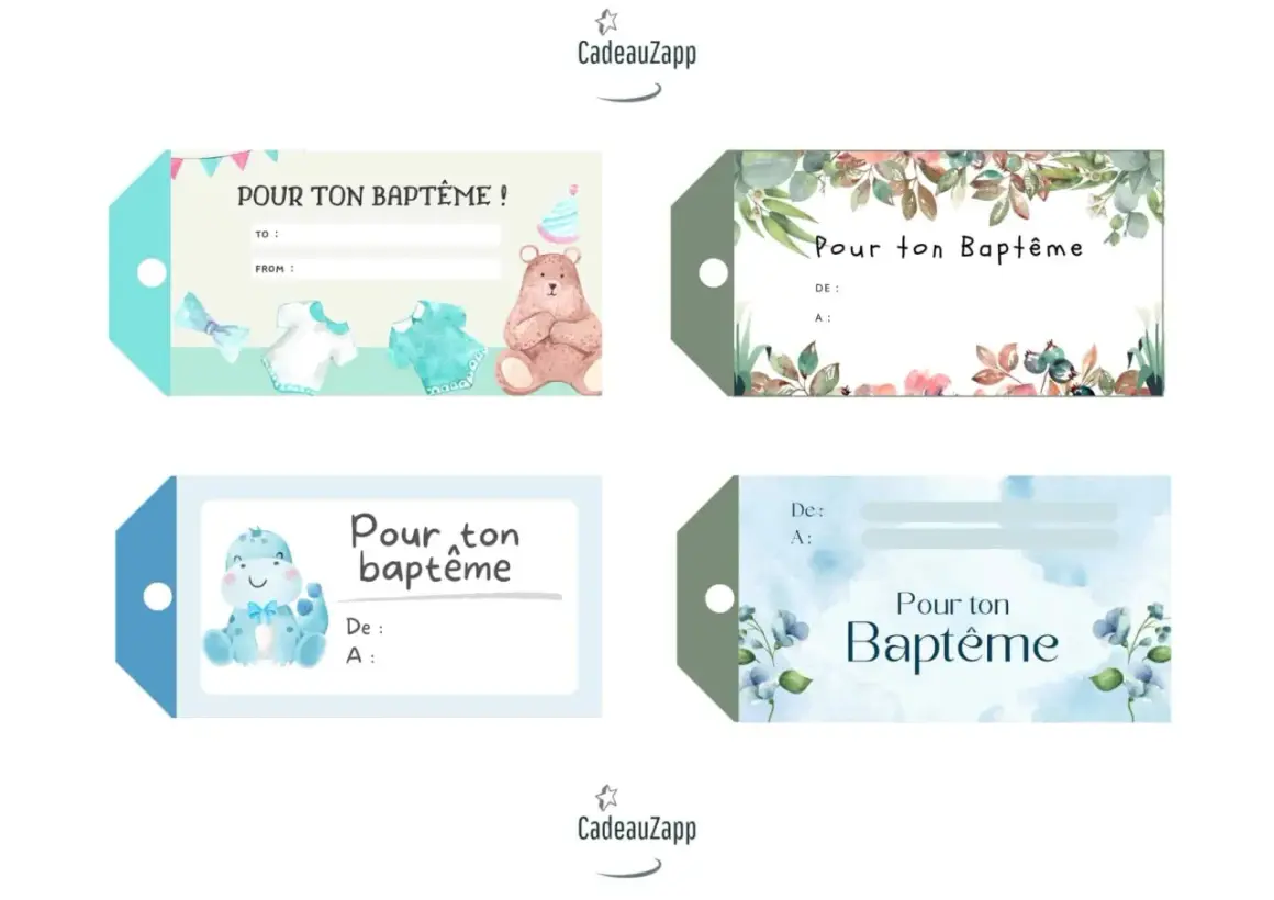 Quatre étiquettes baptême gratuites à imprimer avec des motifs d'oursons, de dinosaures et de fleurs.