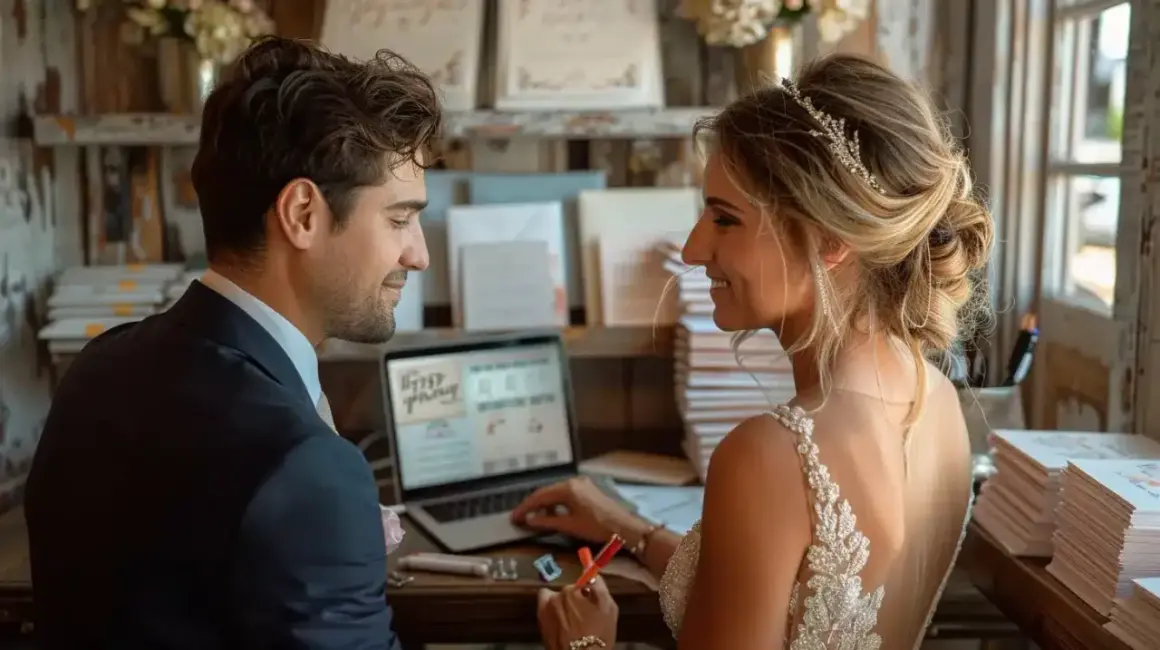 Un jeune couple, mariés, travaille sur un ordinateur pour finaliser le design de leur livret de messe de mariage.