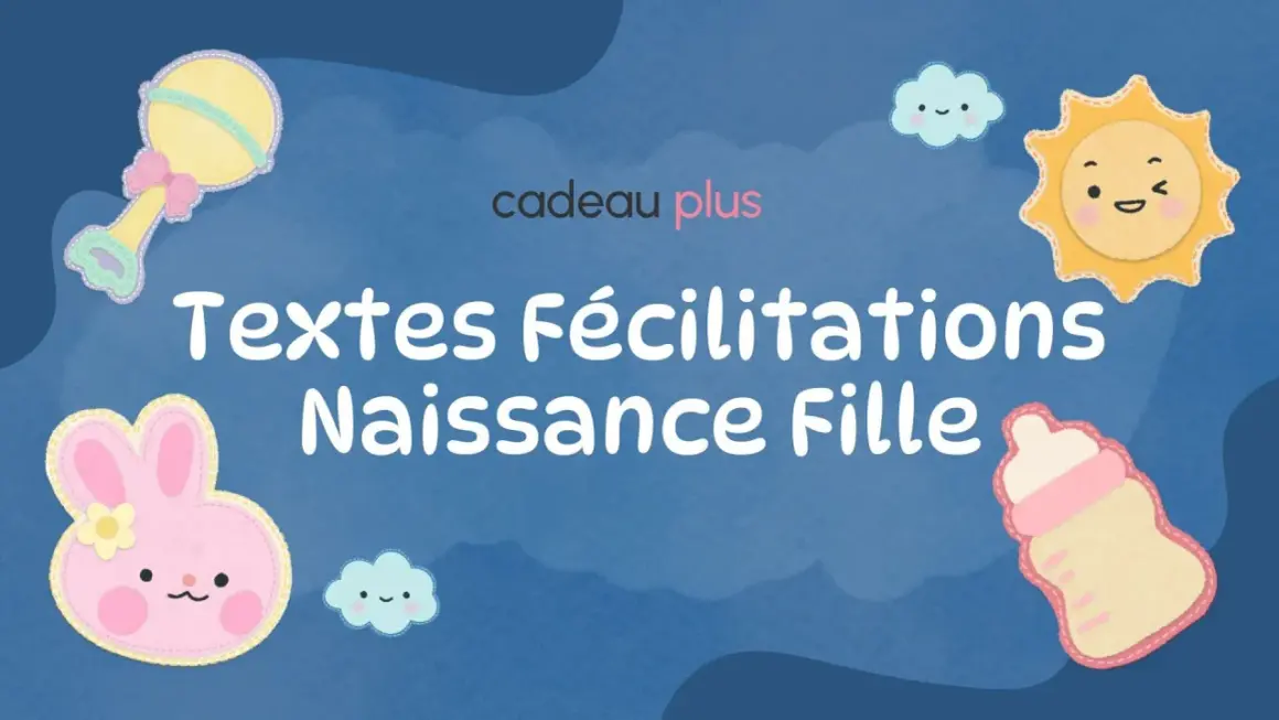 Des textes félicitations naissance fille adorables, avec un hochet, un lapin rose, un soleil, des nuages et un biberon.