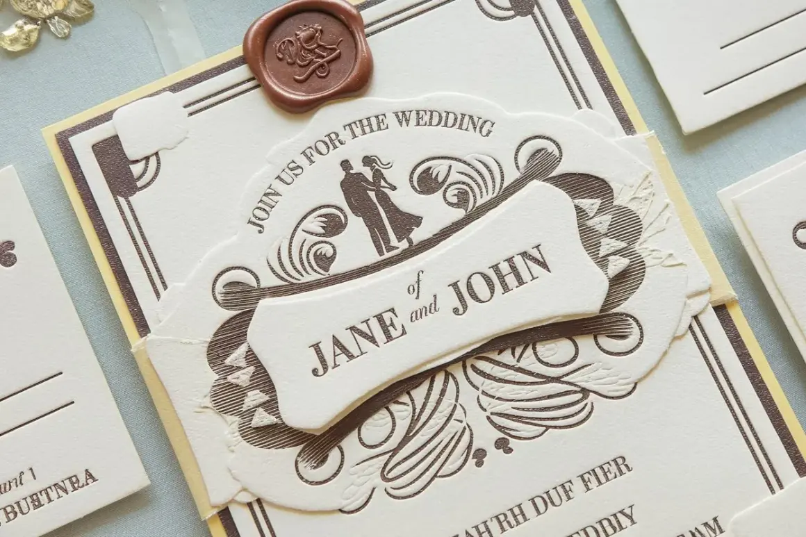 Comment faire un faire part de mariage : invitation élégante avec sceau de cire, couple stylisé et noms "Jane et John".