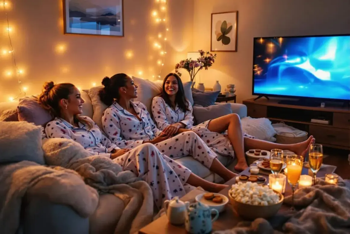 Trois amies en pyjama profitent d'une soirée film confortable, une excellente idée pour comment organiser une soirée pyjama. Popcorn, bougies et boissons sont prêts.