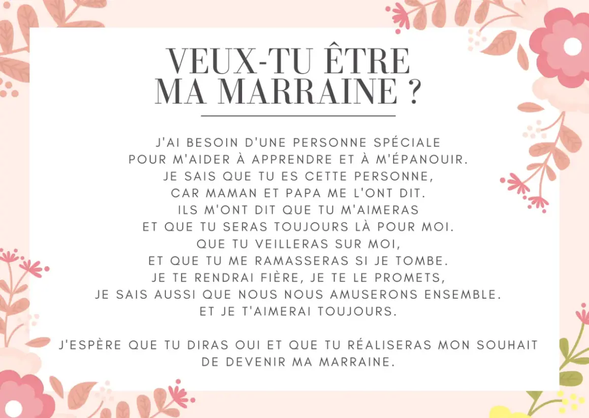 Texte d'une demande de marraine : "Veux-tu être ma marraine ?" avec des promesses d'amour et de jeux.
