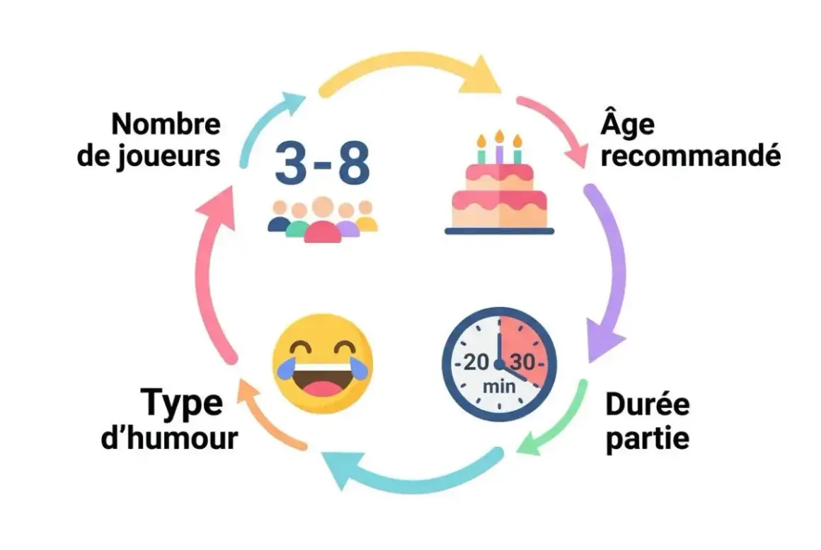 Schéma ludique : nombre de joueurs (3-8), âge recommandé, durée (20-30 min), type d'humour. Parfait pour des vœux 2026 humour !