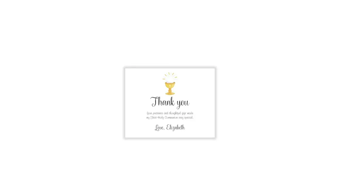 Carte de remerciement pour une communion avec un calice doré et le texte "Thank you".