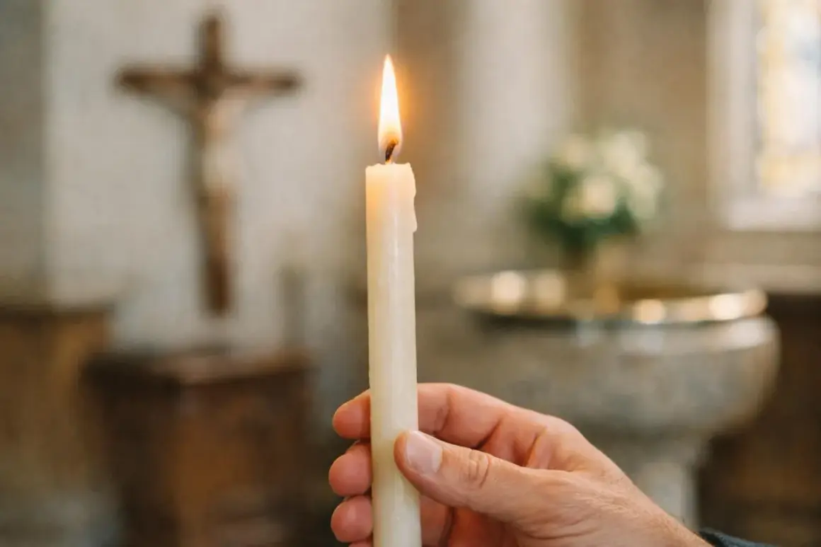 Main tenant une main pour allumer un cierge dans une église, avec une croix en arrière-plan.