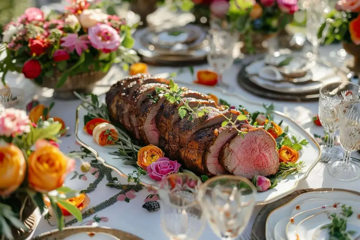 Un rôti de bœuf tranché, garni d'herbes, sur un plateau, entouré de fleurs colorées. Un exemple de menu de mariage original pour un repas en plein air.