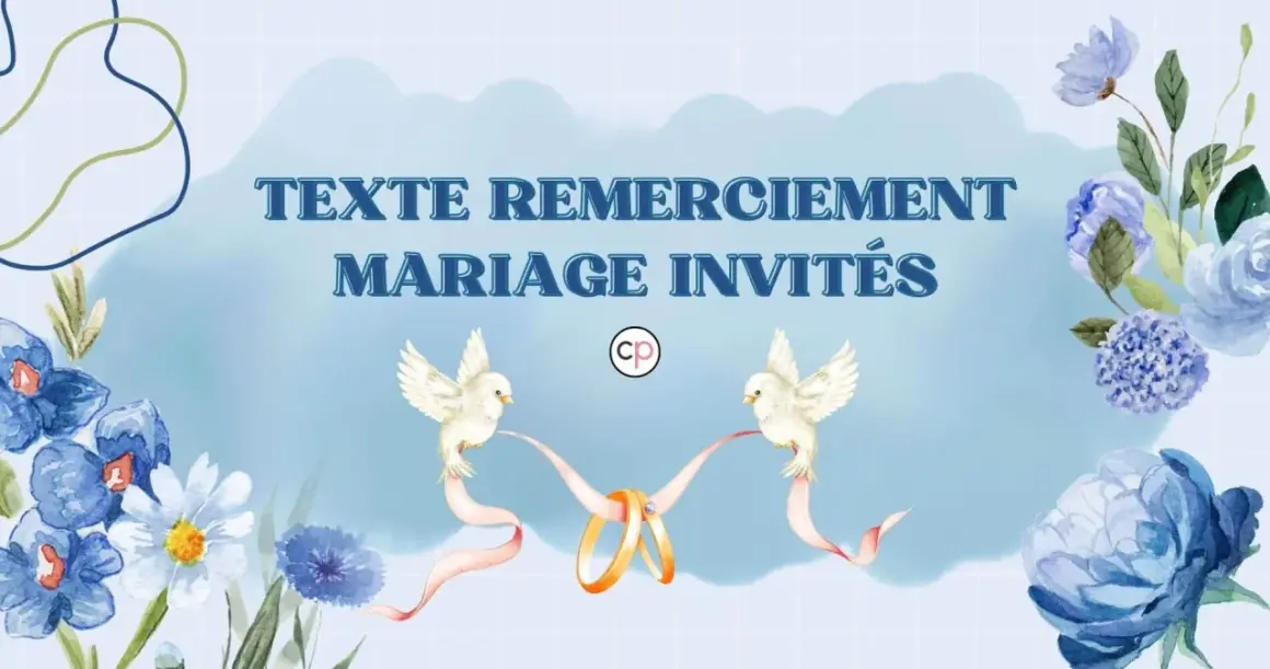 Texte remerciement mariage : deux colombes portent des rubans roses qui soutiennent des alliances. Fleurs bleues et blanches décorent le fond.