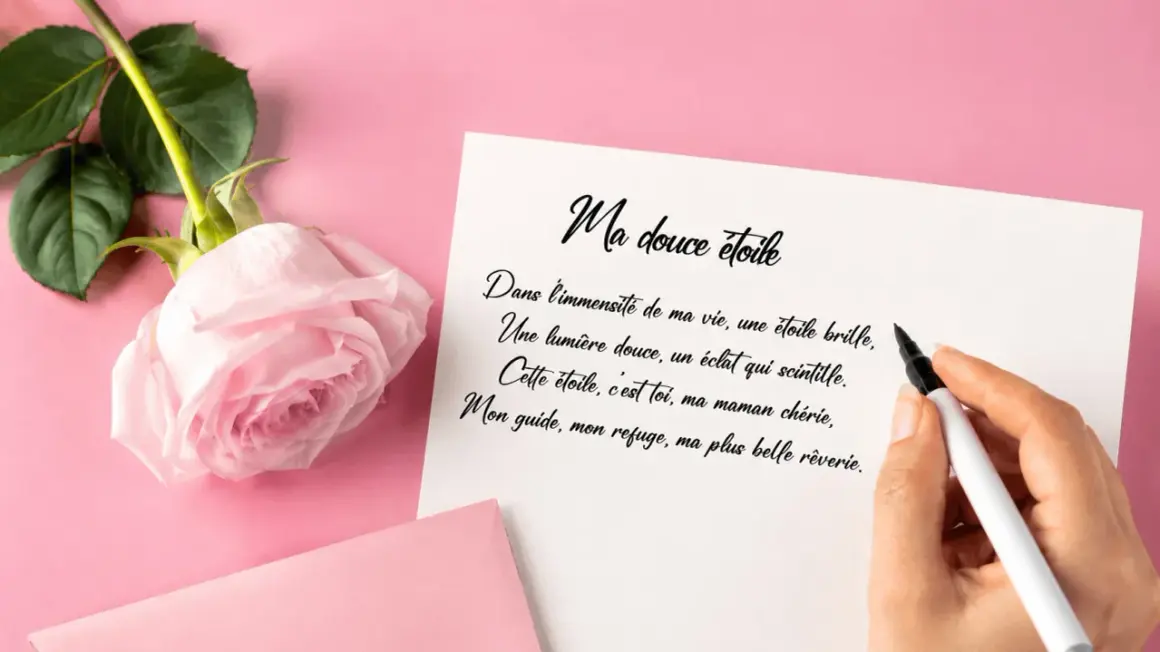 Une rose rose pâle et une carte avec un poème pour dire "bonne fête maman".