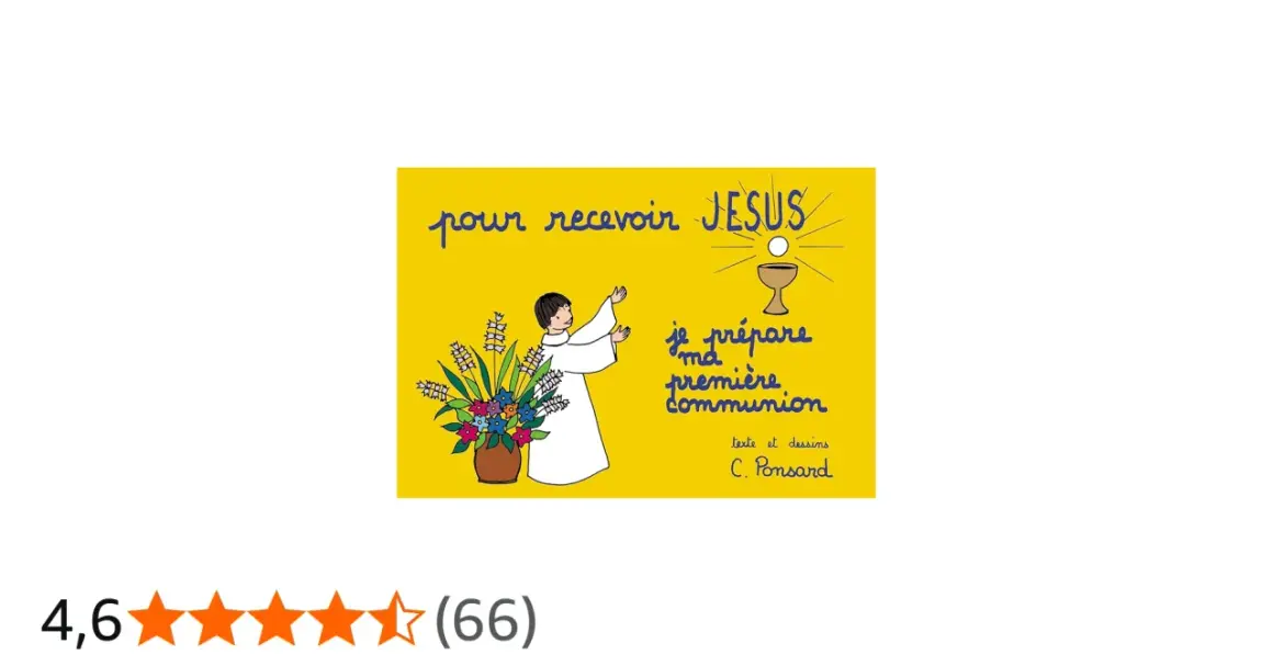 Illustration d'une enfant en robe blanche, mains levées, devant un bouquet de fleurs et une hostie. Texte "je prépare ma première communion".