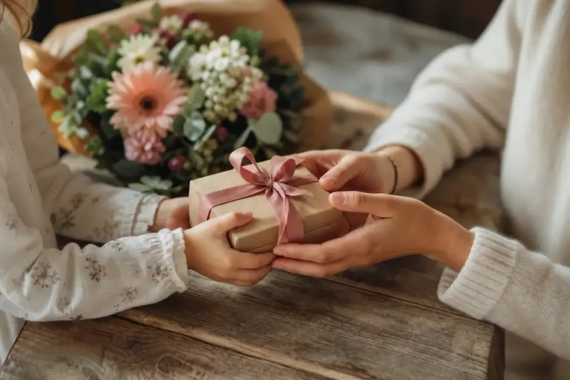 Un enfant offre un cadeau à sa marraine, un geste tendre comme une parole de chanson. Un bouquet de fleurs est posé à côté.