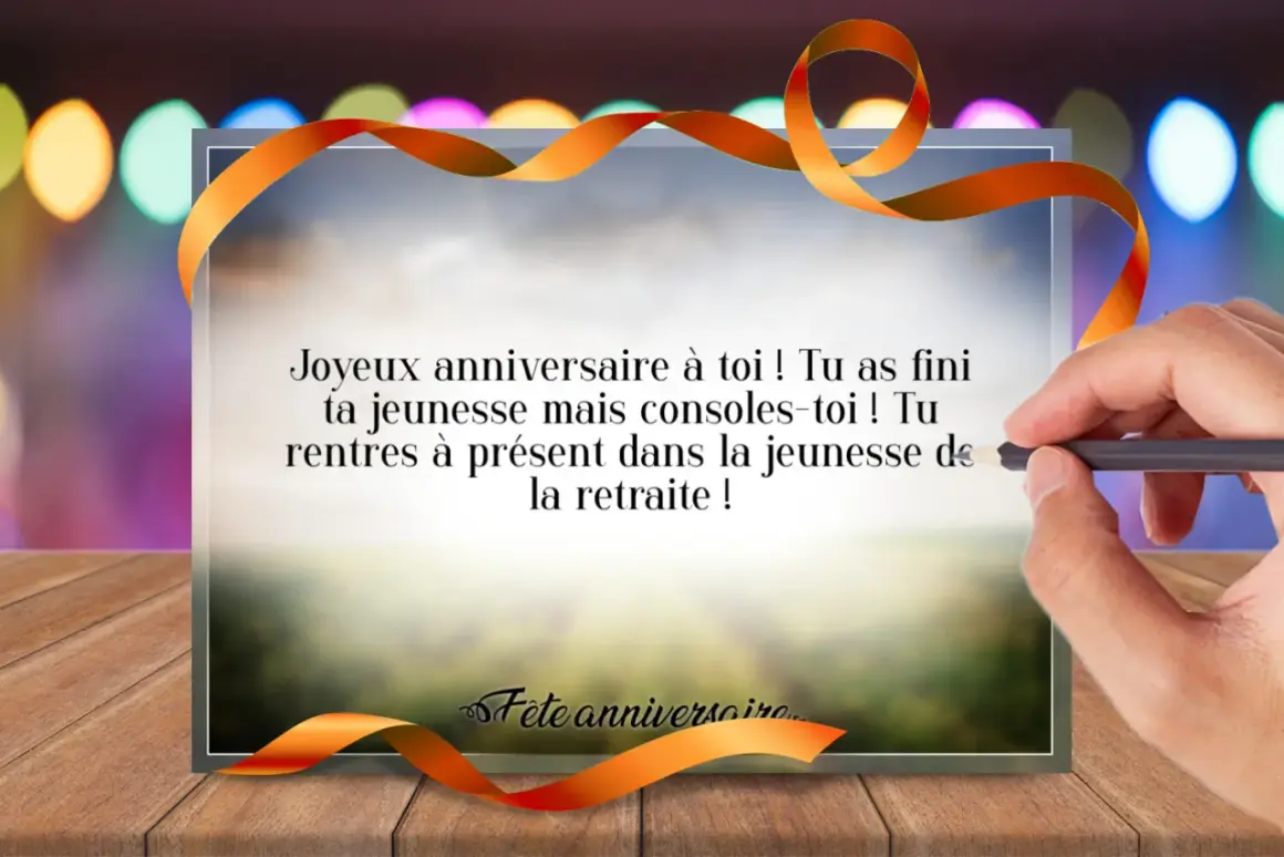 Un texte anniversaire sympa pour souhaiter une joyeuse retraite, avec un ruban orange sur un fond festif.
