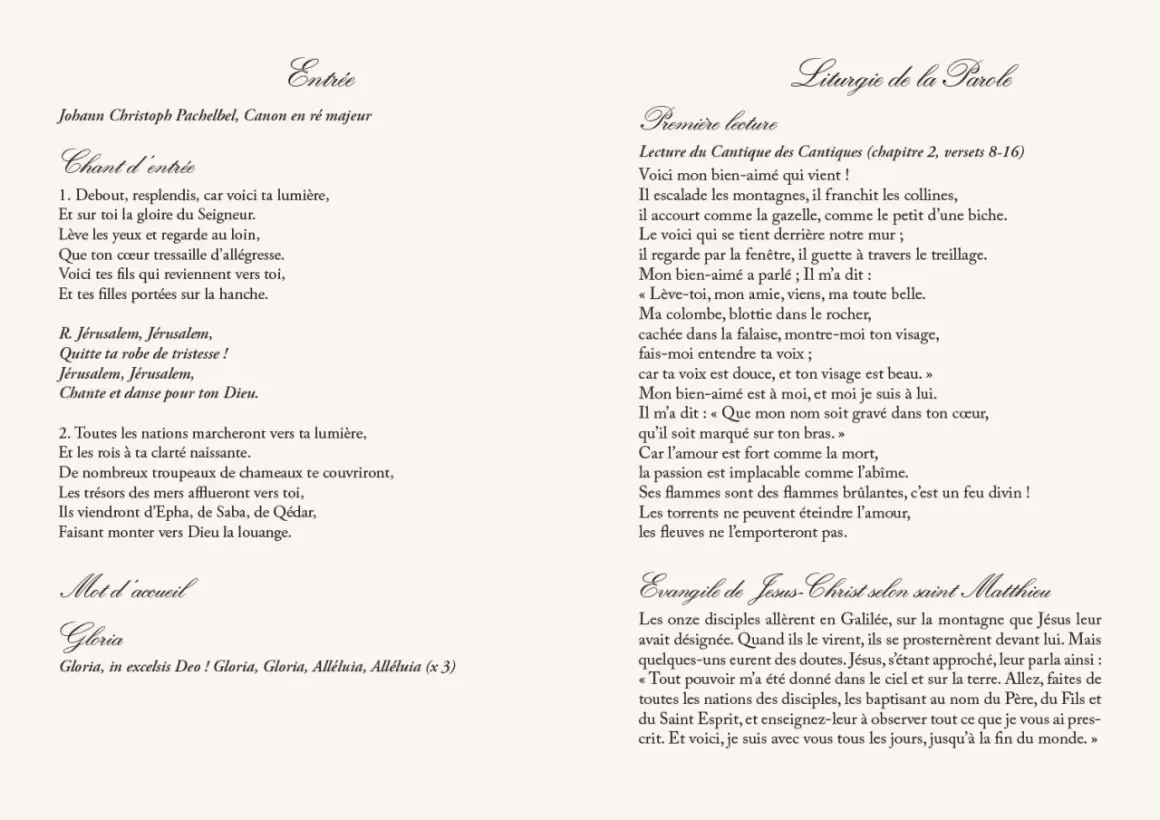 Page de livret de messe de mariage avec textes religieux et titres en calligraphie.