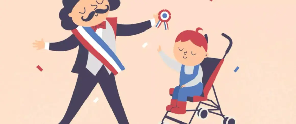 Un maire avec écharpe tricolore et un enfant en poussette. Une scène festive qui pose la question : peut-on baptiser dans une autre commune ?