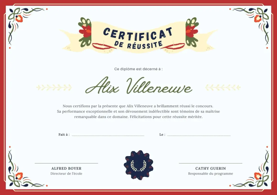 Certificat de réussite vierge pour Alix Villeneuve, soulignant sa performance remarquable. Un modèle de certificat de bapteme vierge pour célébrer les succès.