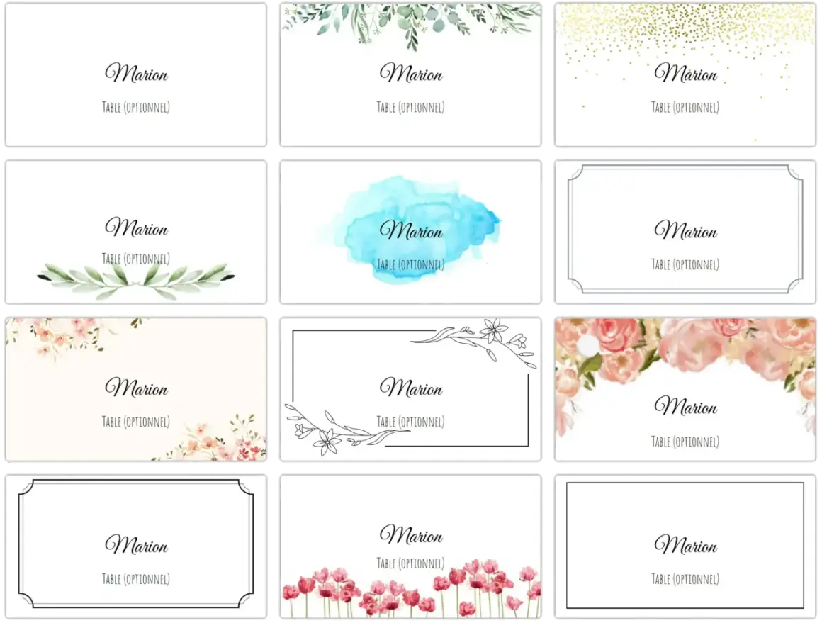 Douze modèles de marque-place gratuits avec le nom "Marion" et "Table (Optionnel)", ornés de fleurs, feuillages ou paillettes.