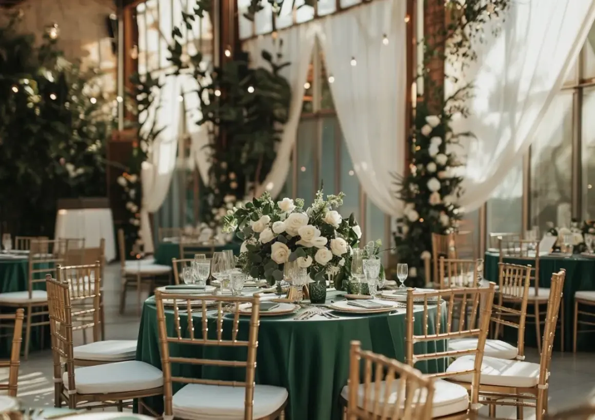 Tables dressées pour un mariage thème vert, avec nappes émeraude, bouquets de roses blanches et chaises dorées.