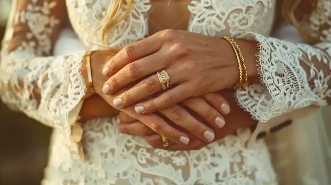 Mains jointes, alliances étincelantes sur une robe de mariée en dentelle. L'image évoque de beaux textes pour un mariage civil, symbolisant l'union et l'amour éternel.
