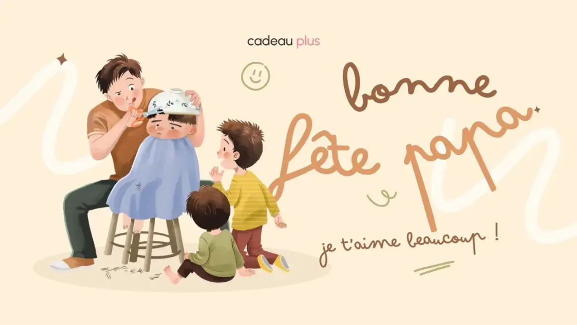 Papa coupe les cheveux de son fils, entouré de ses autres enfants. Texte : "Bonne fête papa, je t'aime beaucoup !