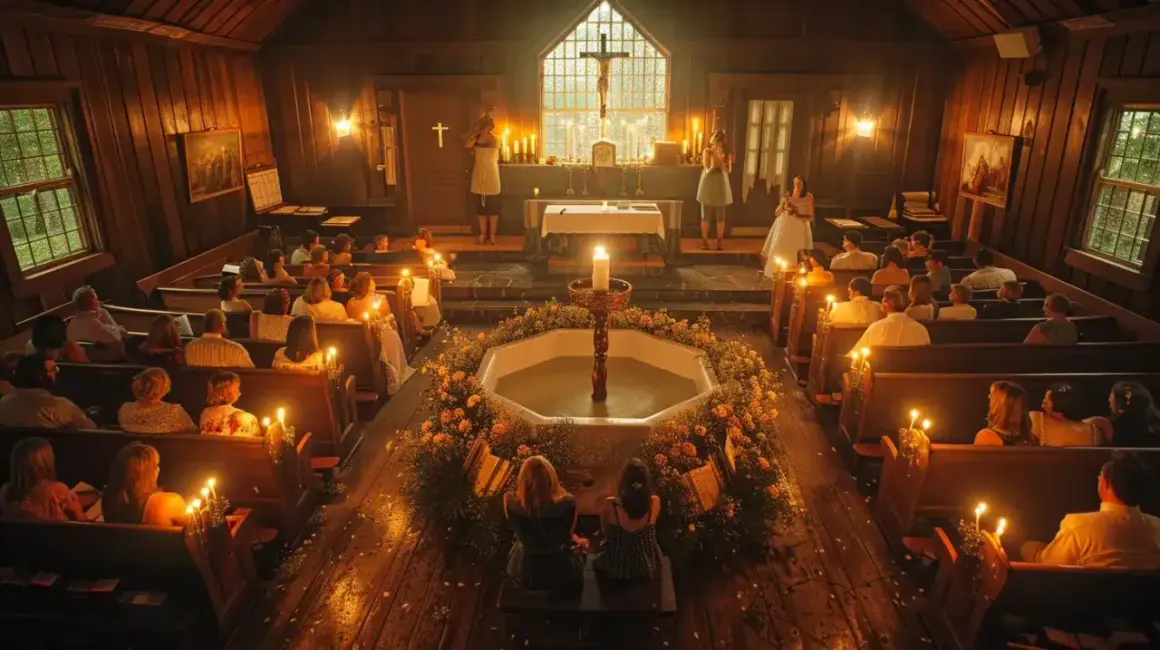 Intérieur d'une église en bois, ambiance chaleureuse avec des bougies. Une cérémonie de baptême se déroule, avec un chant de sortie.