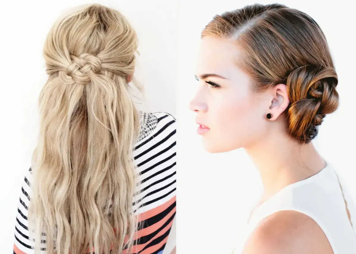 Coiffure mariage tresse invitée : deux styles élégants, une tresse nœud sur cheveux lâchés et un chignon tressé sophistiqué.
