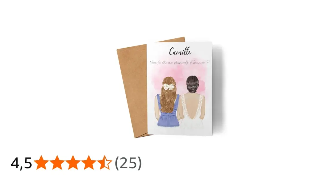 Carte avec deux femmes, l'une en robe blanche, l'autre en robe bleue. Texte : "Veux-tu être ma demoiselle d'honneur ?".