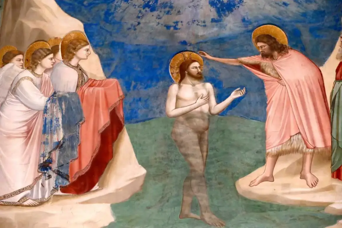 Scène du baptême de Jésus par Jean-Baptiste. La question du baptême de Jésus à quel âge est ici représentée par des anges attendant.