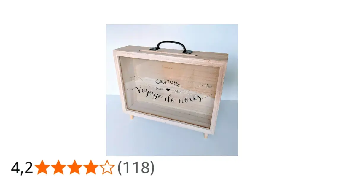 Boîte en bois pour cagnotte mariage sans frais, décorée "Voyage de noces".