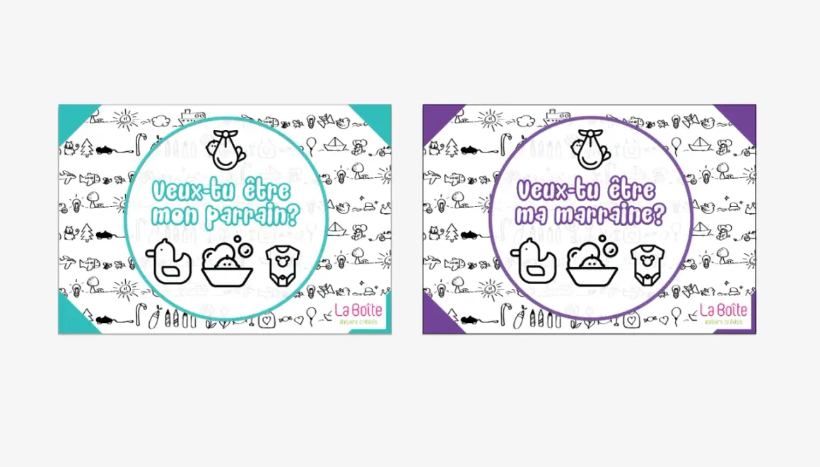 Demande marraine à imprimer gratuit : deux cartes avec des dessins enfantins, l'une pour demander "Veux-tu être mon parrain?", l'autre "Veux-tu être ma marraine?".