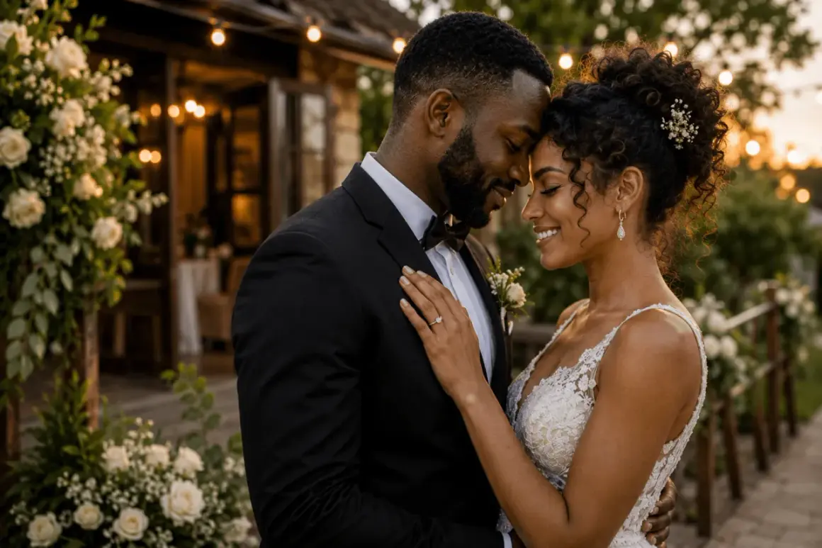 Un couple s'embrasse tendrement, un poème mariage gravé dans leurs regards. Lumières douces, fleurs blanches, un moment suspendu.