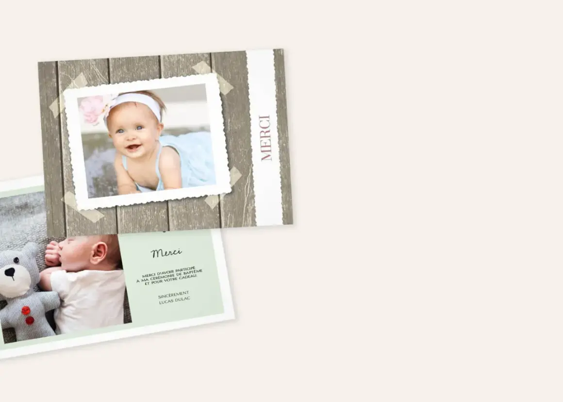 Cartes de remerciement baptême avec photos de bébé souriant et endormi, et texte "Merci".