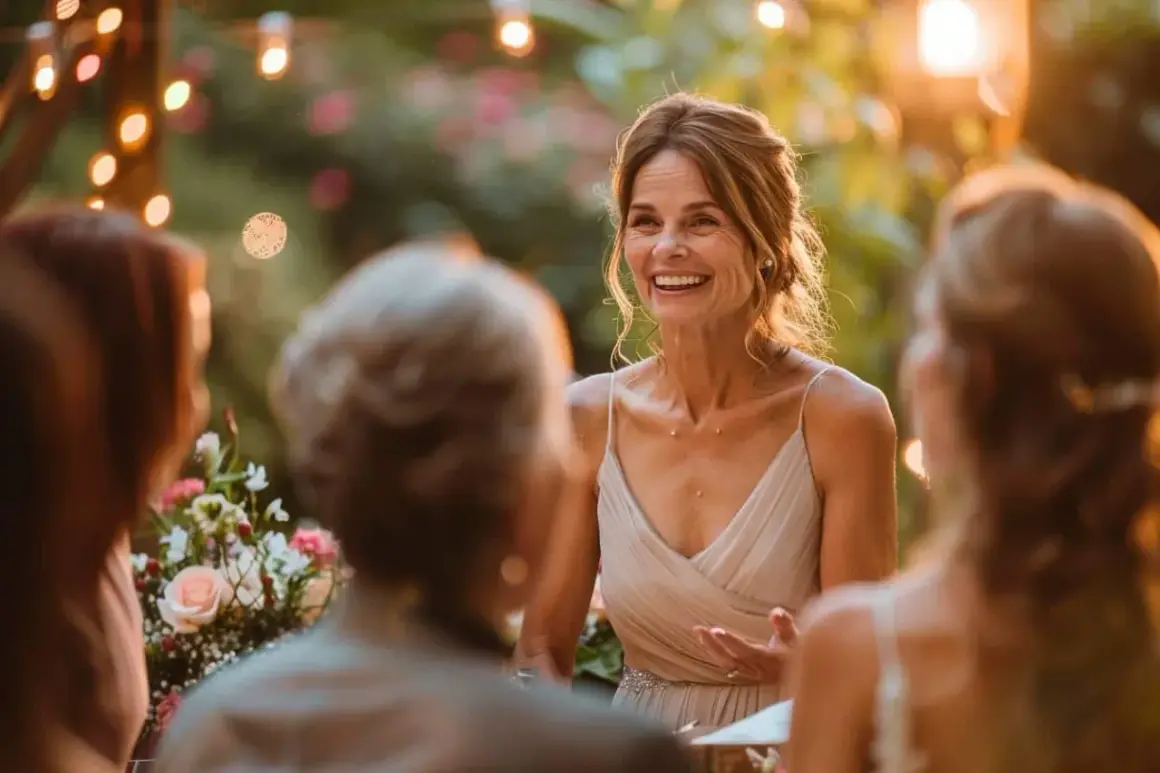 Une marraine émue prononce un discours pour le mariage de sa filleule, entourée de lumières chaudes et de fleurs.