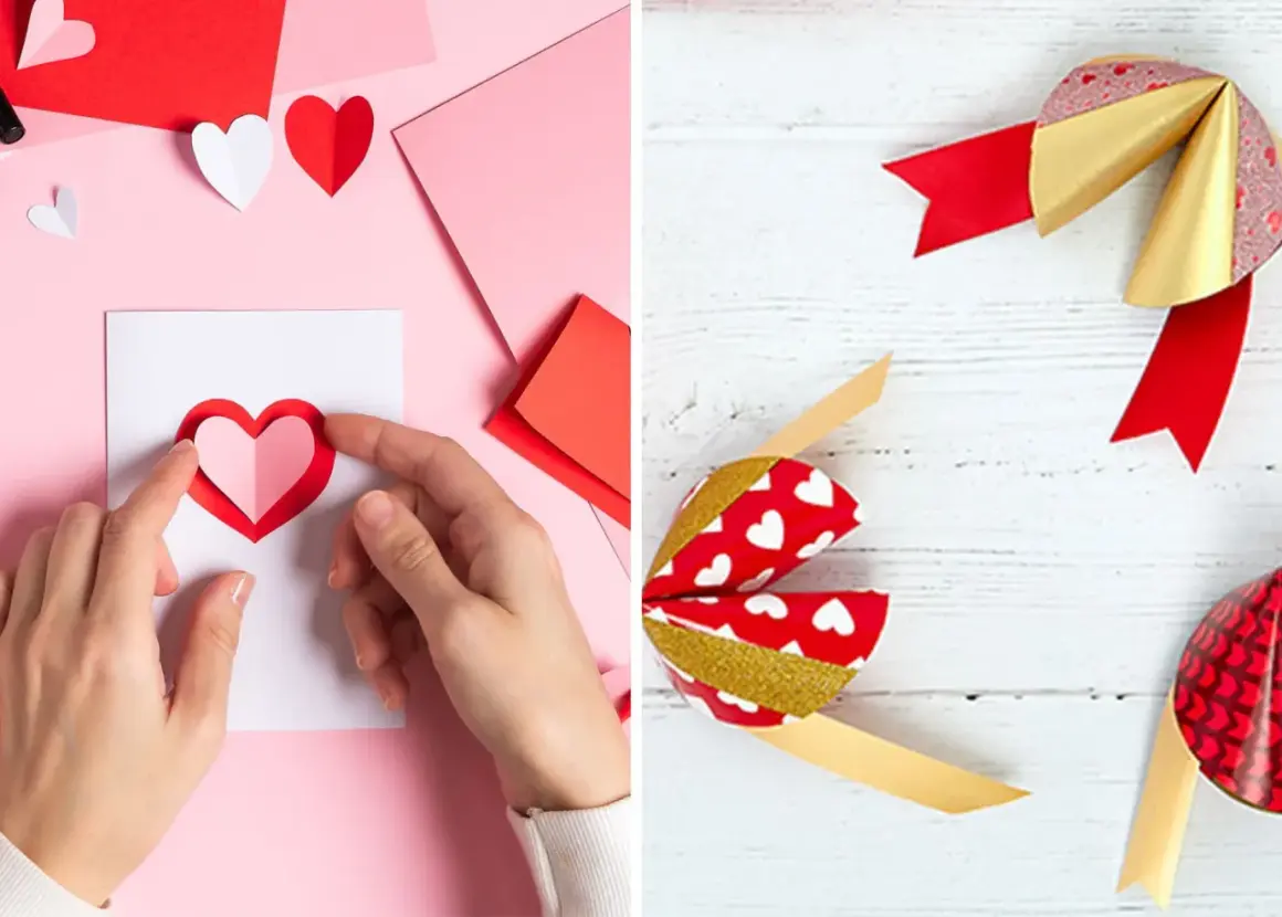 Création d'un cadeau Saint Valentin DIY : mains assemblant un cœur en papier sur une carte, et des nœuds décoratifs rouges et dorés.