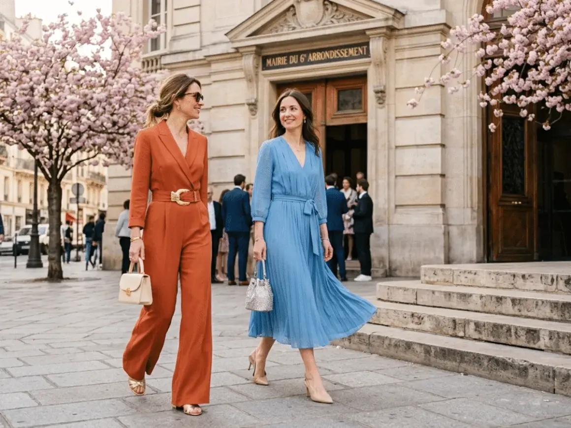 Deux femmes élégantes sortent de la mairie, prêtes pour un baptême civil. L'une porte une combinaison orange, l'autre une robe bleue.