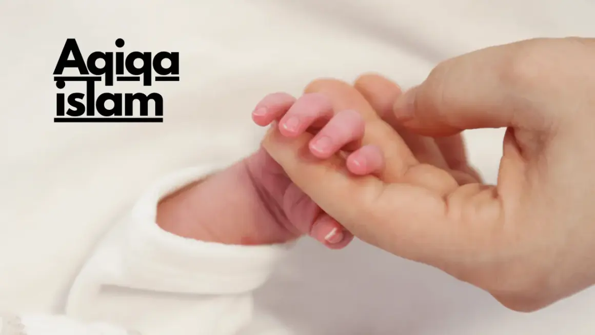Main d'un nouveau-né tenant un doigt adulte. Le texte "Aqiqah Islam" est superposé, évoquant la tradition du mouton naissance islam.