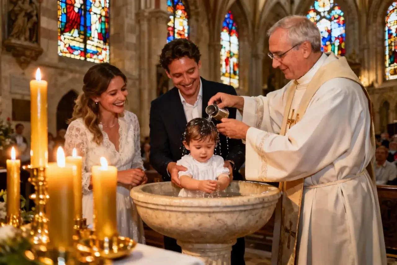 Cérémonie de baptême d'enfants dans une église, avec un prêtre versant de l'eau sur la tête d'un bébé, entouré de ses parents souriants.